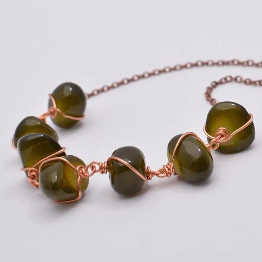 Free Form Green Glass Nugget Wire Wrapped Necklace
